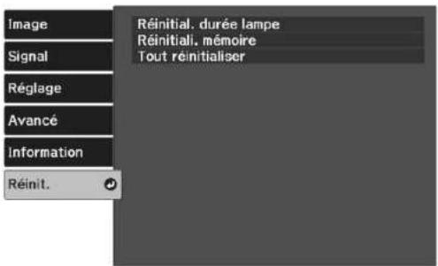 Image Signal Réglage Avancé Information Réinit. Réinitial. durée lampe Réinitiali. mémoire Tout réinitialiser