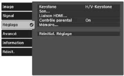Image Signal Réglage Avancé Information Réinit. Keystone H/V-Keystone Son... Liaison HDMI... Contrôle parental On Mémoire... Réinitial. Réglage