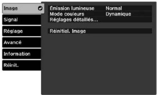 Image Signal Réglage Avancé Information Réinit. Émission lumineuse Normal Mode couleurs Dynamique Réglages détaillés... Réinitial. Image