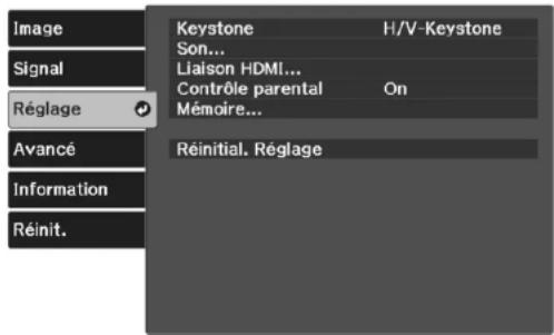 Image Signal Réglage Avancé Information Réinit. Keystone H/V-Keystone Son... Liaison HDMI... Contrôle parental On Mémoire... Réinitial. Réglage