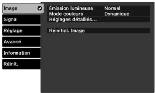 Image Signal Réglage Avancé Information Réinit. Émission lumineuse Normal Mode couleurs Dynamique Réglages détaillés... Réinitial. Image