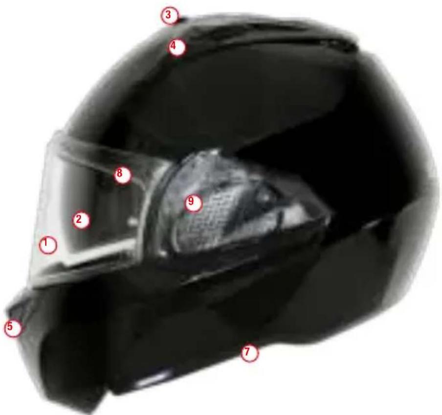 Labeled diagram of a helmet with numbered parts for identification