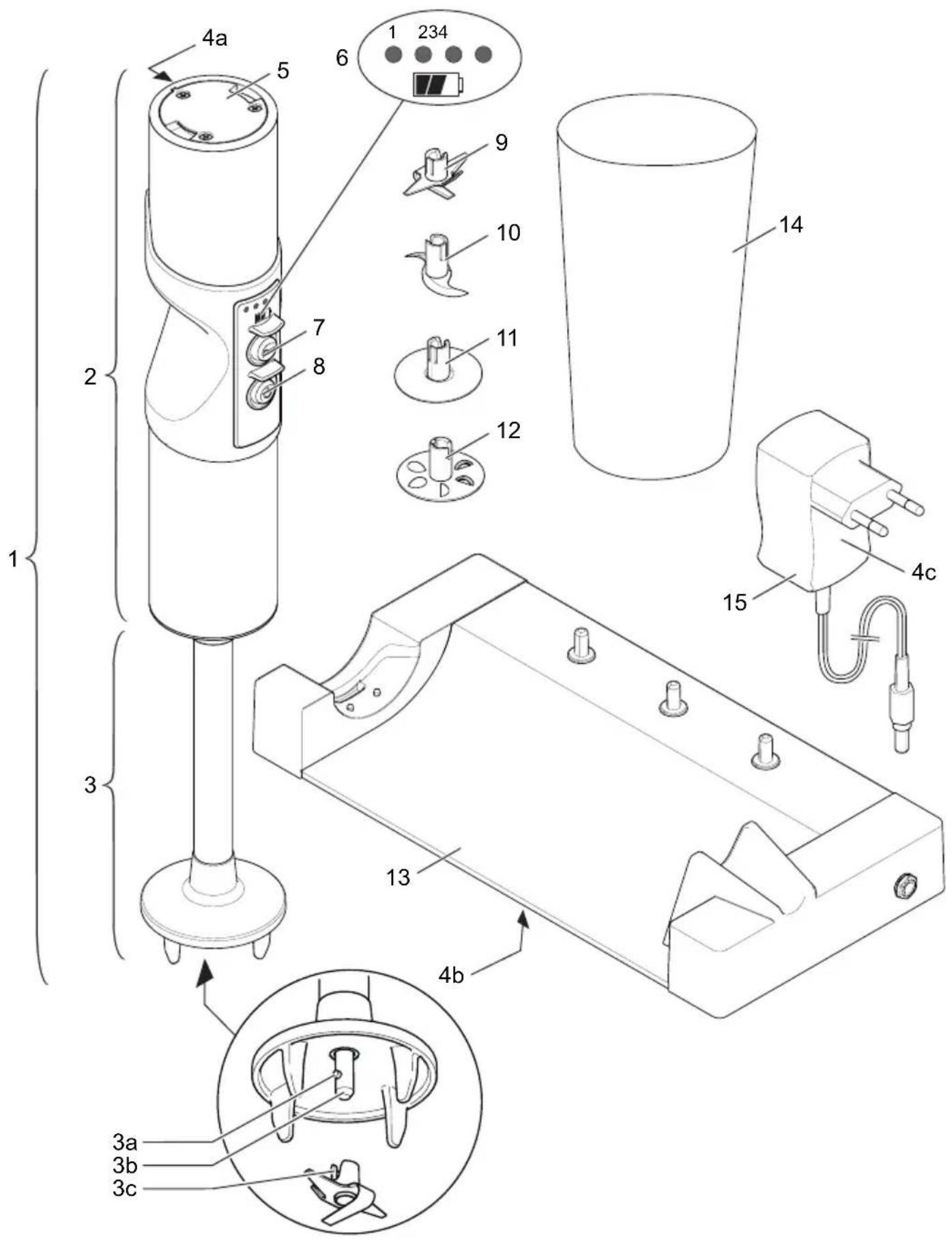 Technical diagram of a device with numbered components and labeled parts, including a cylindrical container, battery pack, and electrical plug.
