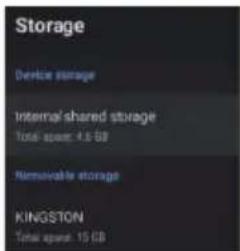 Storage Device storage Internal shared storage Total spent: 4.6 GB Removable storage KINGSTON Total spent: 15 GB