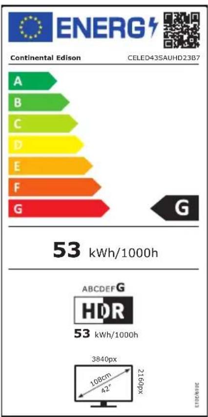 ENERG Continental Edison CELED43SAUHD23B7 A B C D E F G 53 kWh/1000h ABCDEF G HDR 53 kWh/1000h 3840px 108cm 42° 2160px 2099.031