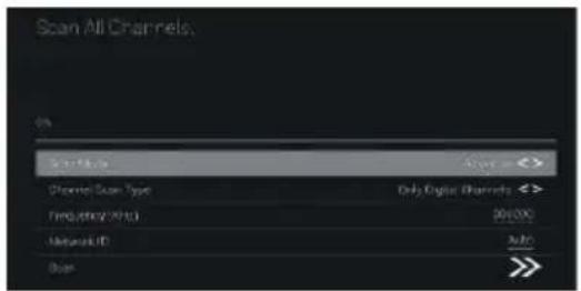 Scan All Channels. % Scan All Type: Channel Scan Type Only Digital Channels < Frequency/Hz 00:00s Network ID Auto Scan