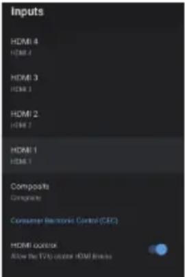 Inputs HDMI 4 HDMI 1 HDMI 3 HDMI 1 HDMI 2. HDMI 2 HDMI 1 HDMI 1 Composites Composites Consumer Electronic Control (CEC) HDMI control Allow the TV to console HDMI video