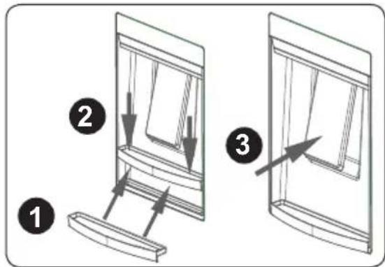 Diagram illustrating three steps of window frame installation, labeled 1, 2, and 3 with arrows indicating movement.