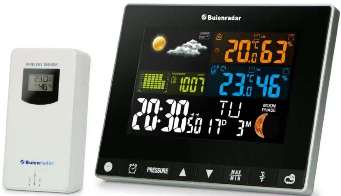 Buienradar 23.0°C 46% WIRELESS SENSOR Buienradar 20:30 20:30 50 17 D 3 M PRESSURE MOON PHASE 20.0°C 63% 23.0°C 46% TJU MIN MAX °C F ON