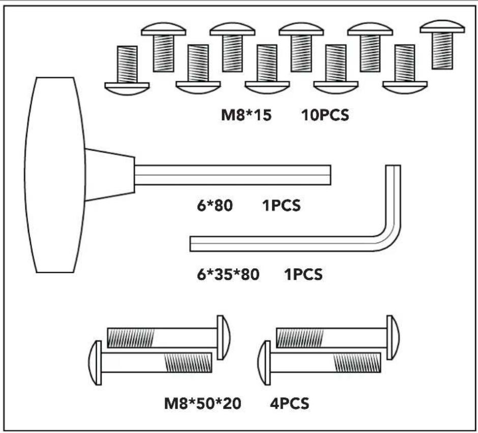 M8*15 10PCS 6*80 1PCS 6*35*80 1PCS M8*50*20 4PCS