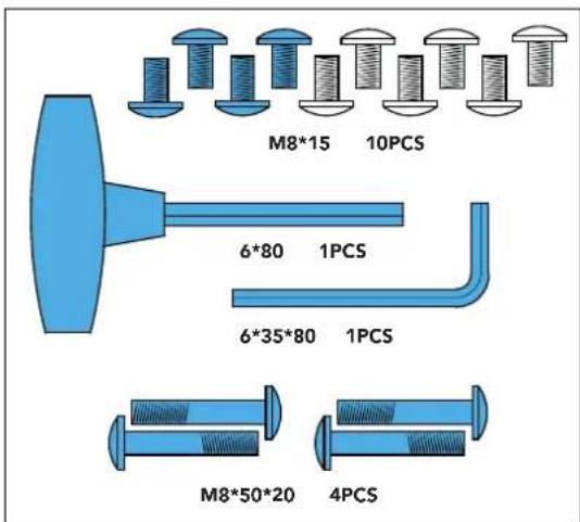 M8*15 10PCS 6*80 1PCS 6*35*80 1PCS M8*50*20 4PCS