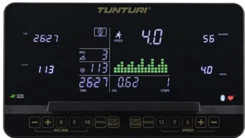 TUNTURI® TIME 26:27 INCL 3 SPEED 4.0 56 CALORIES HEART 113 113 SPEED 4.0 26:27 0.68 1 TIME DIS STEPS INCLINE + 0 5 10 PROG STOP RESET START PAUSE MODE 12 9 6 + - SPEED