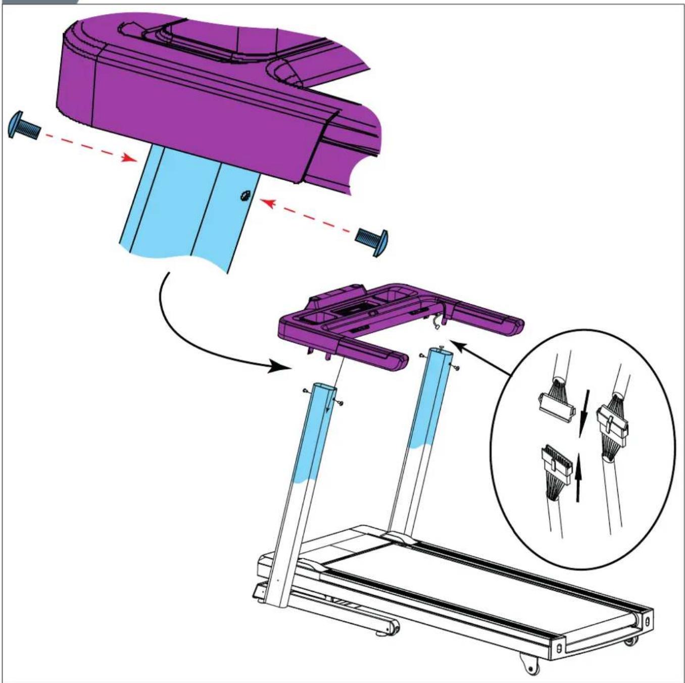 Technical diagram illustrating the assembly of a treadmill with labeled parts and motion arrows, including a magnified inset showing mechanical components.
