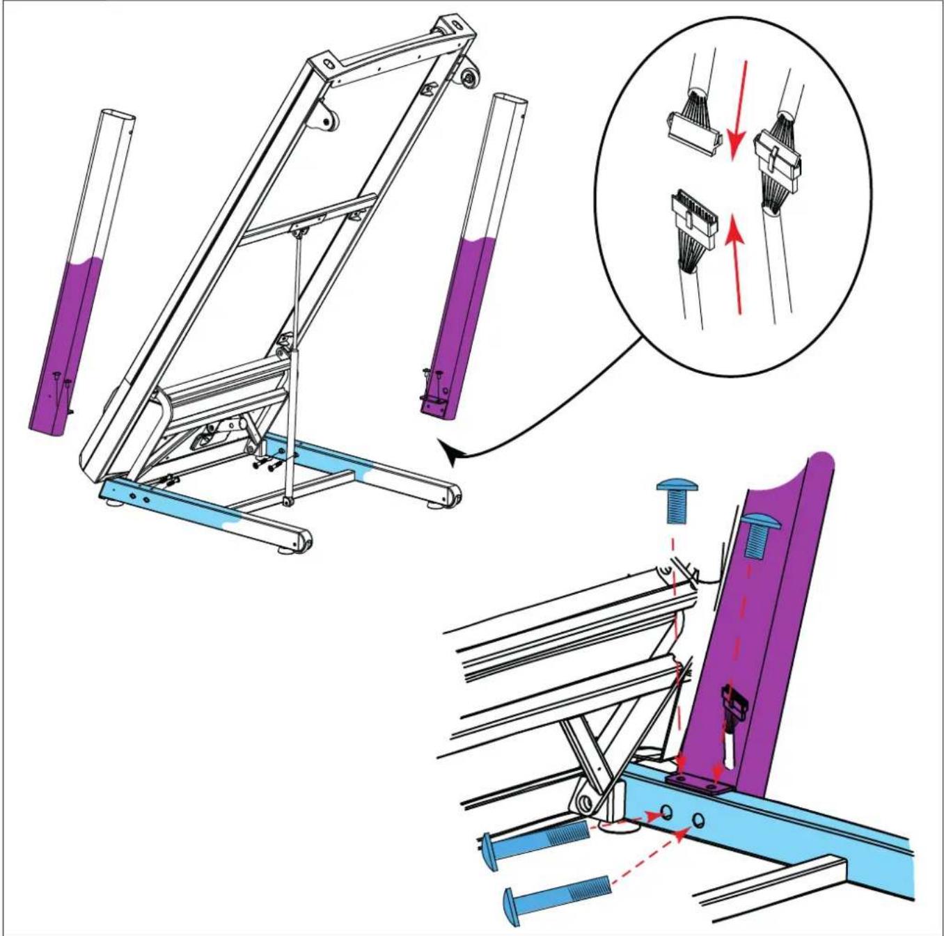 Technical diagram illustrating mechanical assembly steps with purple components and magnified detail of motion, including a close-up of the component being inserted.