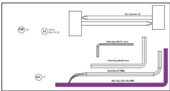 128 (2) 12 Screw Mho JxL (3) Box Spanner (2) Alon Key (20x75): 3mm Alon Key (30x16): 4mm Alon Key (1): 5MM Alon Key (50x14): 4MM