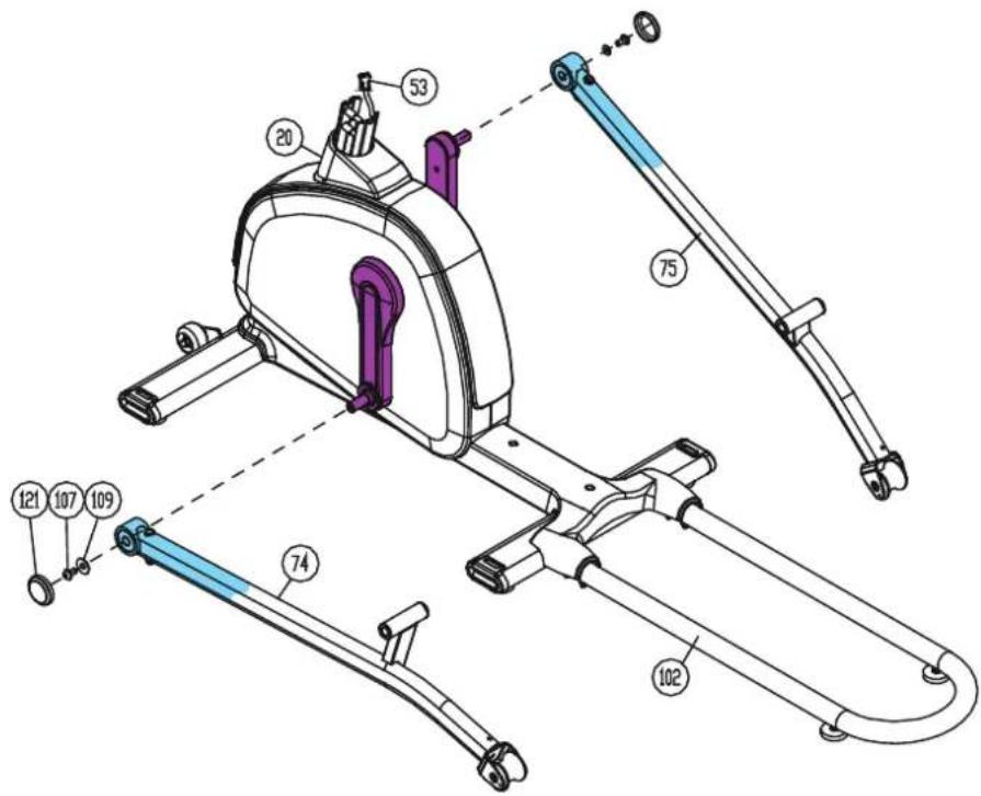 Technical diagram of a stationary exercise machine with numbered components and labeled parts
