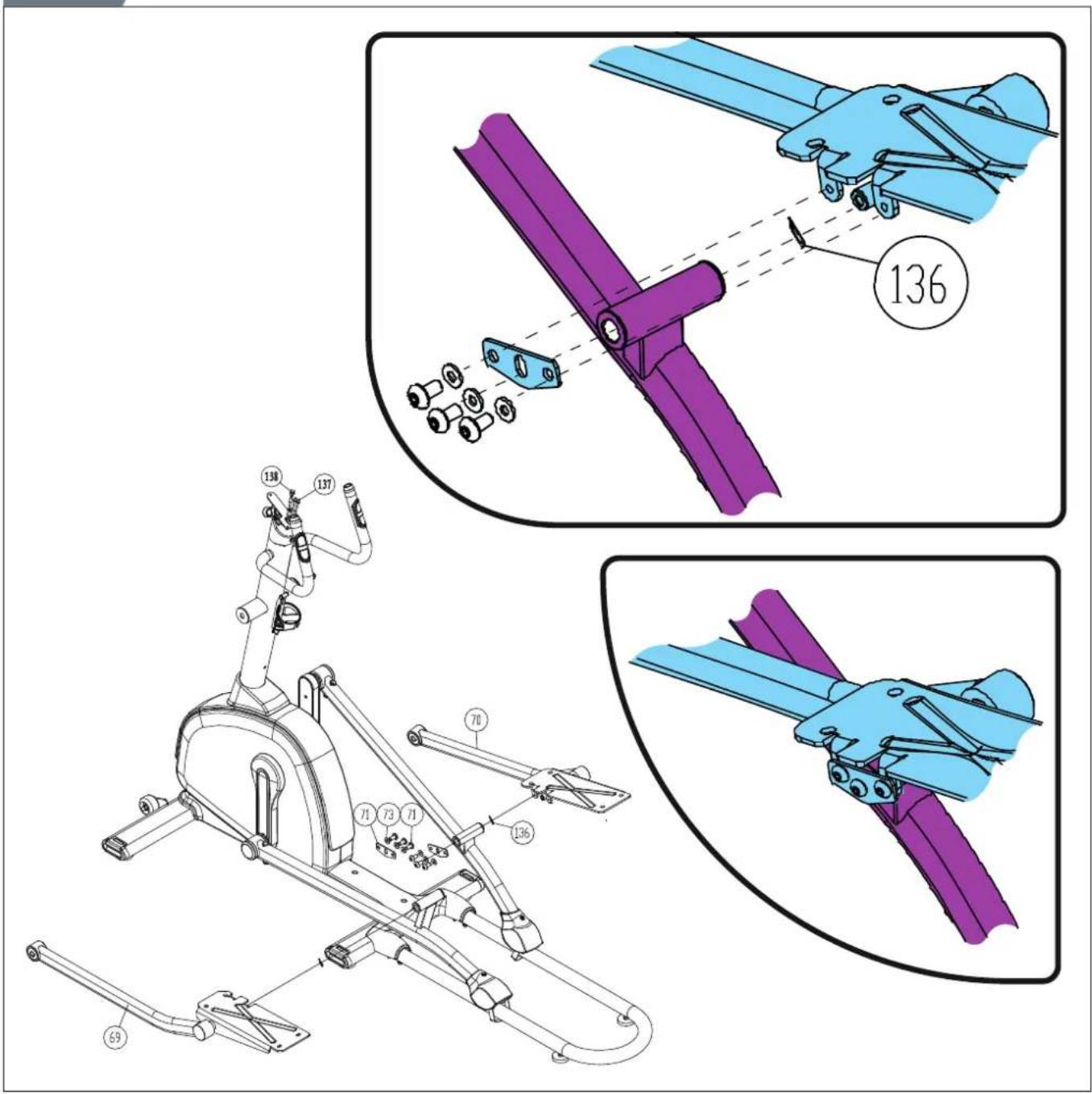 Technical diagram showing three stages of a stationary exercise machine with labeled parts and assembly instructions.