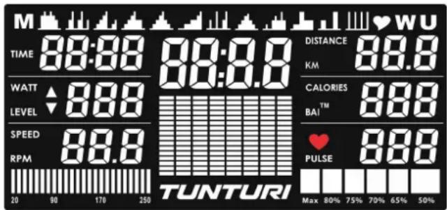 M TIME 88:88 WATT 88.0 LEVEL SPEED 88.0 RPM 20 90 170 250 TUNTURI DISTANCE 88.0 KM CALORIES 88.0 BAI™ 88.0 PULSE 88.0 Max 80% 75% 70% 65% 50%