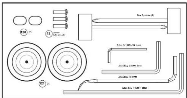 128 (1) 12 121 (2) Box Spannior (2) Alon Key (6x70) 3mm Alon Key (4x90) 4mm Alon Key (11.3V) Alon Key (5x16) EMH