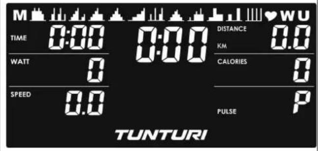 M TIME 0:00 0:00 DISTANCE 0.0 WATT 0 KM CALORIES 0 SPEED 0.0 PULSE P TUNTURI