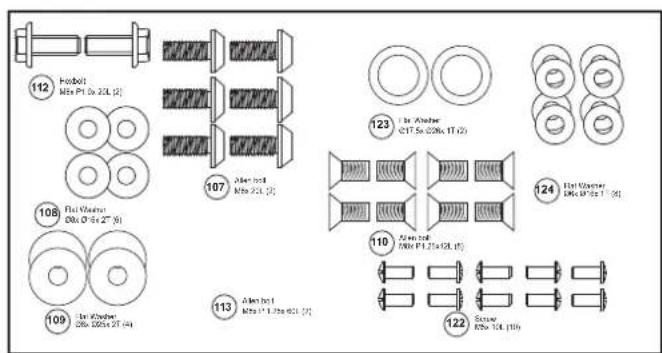 112 Hobolt M8x Pt 5x 2XL (2) 107 Alen hold M8x 2XL (3) 108 Fiat Kander DNk O 5x 2" (4) 109 Fiat Kander DNk 500x 2T (4) 113 Alen hold M8x T 1.1/3a 6XL (3) 123 Ibr Alander C17.5x (200x 1T (2)) 124 Hat Kander DNk P 5x T (3) 110 Aler hold M8x Pt 1.1x4XL (3) 122 Screw DNk T4L (10)
