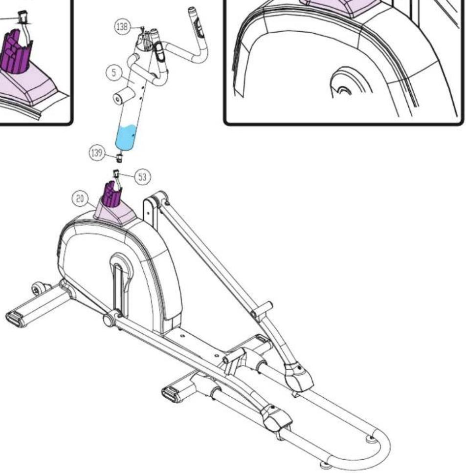 Technical diagram of an stationary exercise machine with labeled components and exploded view