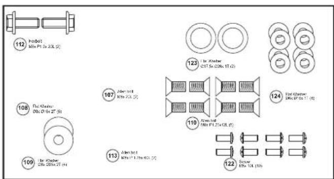 112 Forbolt Mkt P1 0x 2XL (2) 108 Flat Hammer Din: 0" 0x 27" (3) 109 Flat Hammer Din: 0Din 2T (4) 107 Alen hot Mkt P2 XL (5) 113 Alen hot Mkt P1 1.1/3a 6XL (6) 123 In Ather C17 0x (20k x 1T (2)) 110 Alen hot Mkt P1 1.1/3a 6XL (6) 124 Flat Hammer Din: 0" 0x 1T (4) 122 Screw Din: 10L (10)