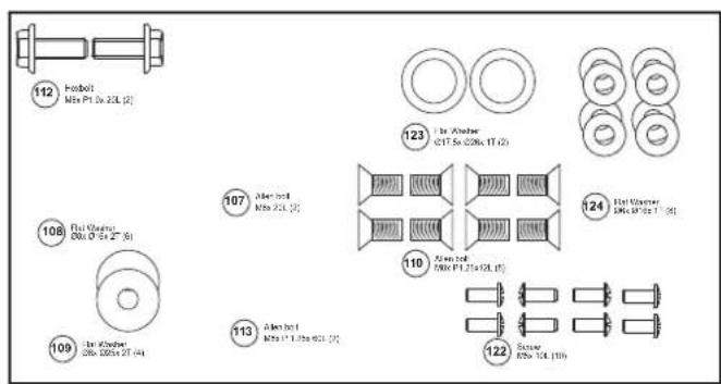 112 Holoft M8x Pt 5x 20L (2) 108 Dax/Alaohor DNX 67-31-27 (4) 109 Dax/Alaohor DNX 5005x 2T (4) 107 Alen oil M8x 20L (2) 113 Alen oil M8x 11.1.73x 60L (2) 123 Ibr Alaohor C17.5x (20Kx 1T (2)) 110 Alen oil M8x Pt 1.1x10L (2) 124 Hot/Vasener DNX 67-31-1 (4) 122 Screw DNX 10L (10)