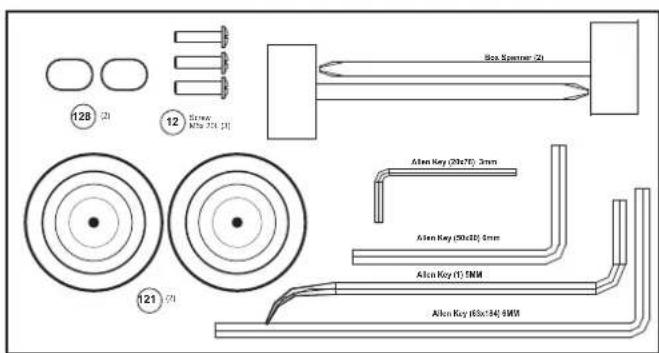 128 (2) 12 Stress Mto 704 (2) Box Spanner (2) 121 (2) Alten Key (20x70), 3mm Alten Key (50x40), 5mm Alten Key (1) 5MM Alton Key (60x14), 4MM