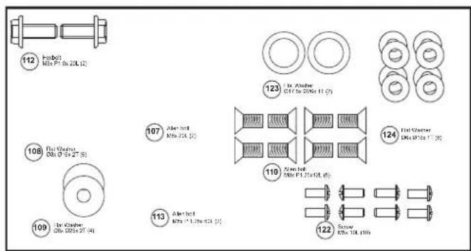 112 Hoidel M8a P1 0x 20L (2) 108 Dia-Grache D6a 07-31-27 (5) 109 Dia-Grache D6a 0025x 07-34 107 Alen bolt M8a 20L (3) 113 Alen bolt M8a 1.1,35x 624 (3) 123 In. Anuber C17 to 205x 11 (2) 110 Dia-Grache Alen bolt M8a P1.1x10L (4) 124 Elat Grache D6a 07-31-27 (5) 122 Sensor D6a 10L (10)