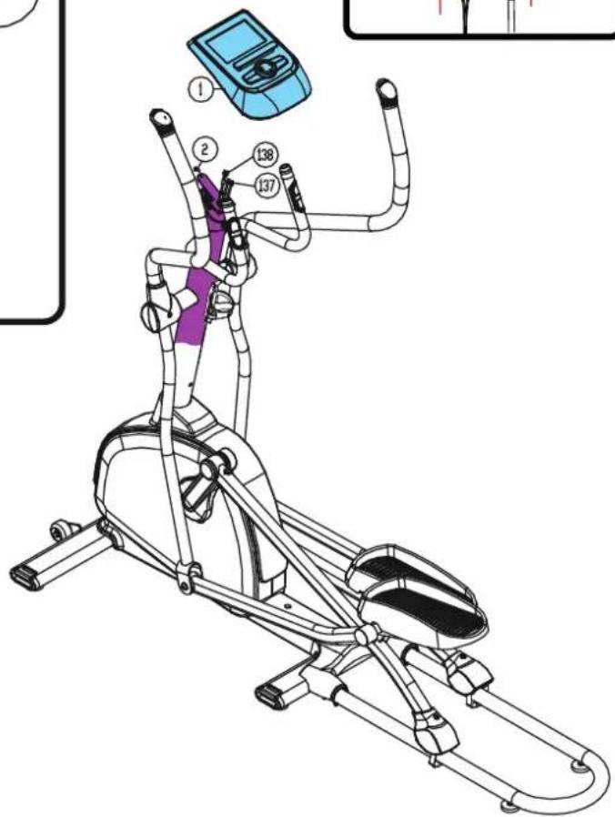 Technical diagram of an exercise machine with numbered components and a monitor displaying a device