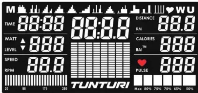 M TIME 88:88 WATT 88.0 LEVEL SPEED 88.0 RPM 20 90 170 250 TUNTURI DISTANCE 88.0 KM CALORIES 88.0 BAI™ PULSE 88.0 Max 80% 75% 70% 65% 50%
