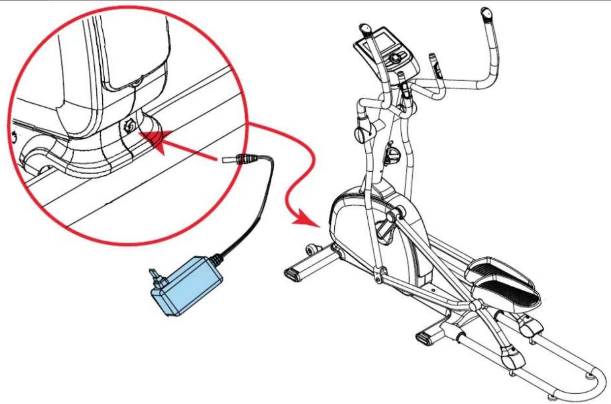 Technical diagram showing a stationary exercise machine with connected tubing and a close-up of the device's cable, annotated with red arrows indicating motion.