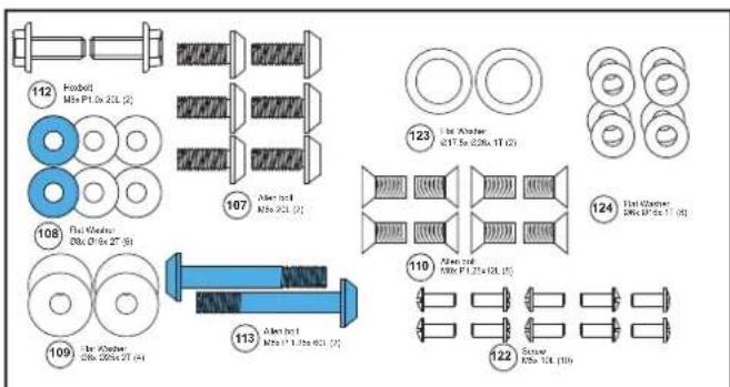 112 Radial Mfs P1.0x 27L (2) 108 Flat Washer Dls (3" for 27" (5)) 109 Flat Washer Dls (26" for 27" (4)) 107 After bolt Mfs P2.0x 27L (2) 113 After bolt Mfs P1.1/25x 27L (2) 123 In Aether (3" for 28"L x 1T (2)) 124 Flat Washer Dls (3" for 1T (4)) 110 After bolt Mfs P1.27x 10L (5) 122 Screw Dls (10 L (10s)