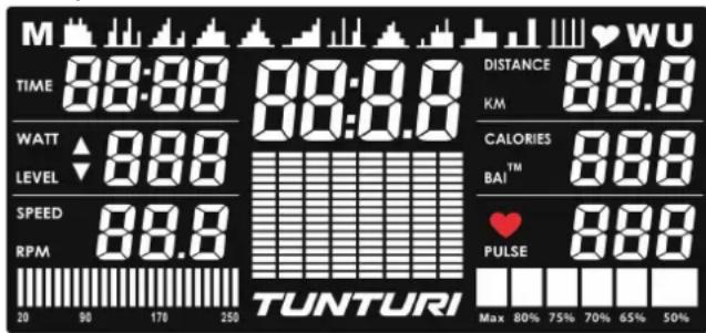 M TIME 88:88 WATT 88.0 LEVEL SPEED 88.0 RPM 20 90 170 250 TUNTURI DISTANCE 88.0 KM CALORIES 88.0 BAI™ 88.0 PULSE 88.0 Max 80% 75% 70% 65% 50%