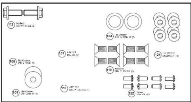 112 Frobolt Mks P1 (6x 20L) (2) 108 Flat Gasket Mks (5" x 27" x 9) 109 Flat Gasket Mks (500x 2T-4) 107 Aler bolt Mks 25L (2) 113 Aler bolt Mks * 1.25e 624 (2) 123 Air Washer C11 to 200x 11 (2) 110 Air bolt Mks P1 (2x10L x 9) 124 Flat Gasket Mks (5" x 27" x 9) 122 Gasket Mks 104 (10x)
