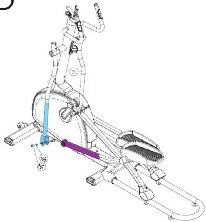 Technical diagram of an stationary exercise machine with labeled components and parts