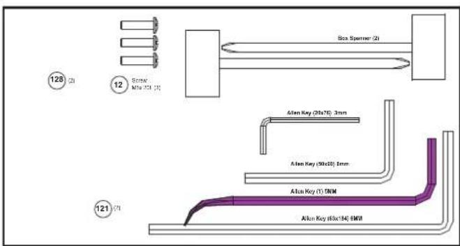 128 (2) 12 Screw Mho 201 (3) Box Spanner (2) Alon Key (20x76) 3mm Alon Key (5x10) 1mm Alon Key (1) DNM Alon Key (5x14) 5mm 121 (2)