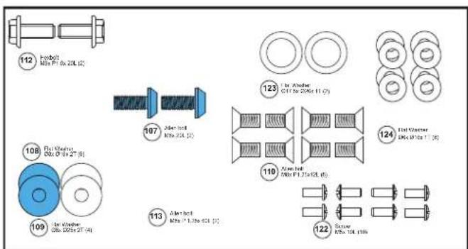 112 Probolt M8x P1 (6-20L) (2) 107 After bolt M8x 20L (3) 113 After bolt M8x 4 L/20x 52L (4) 123 In Aether C11 to 200x 11 (2) 124 Flat Diameter M8x 50x 10 (3) 110 After bolt M8x P1.2x+10L (5) 122 Screw M8x 10L (10)