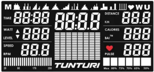 M TIME 08:00 08:0.0 WATT 08.0 LEVEL SPEED 08.0 RPM 20 90 178 250 TUNTURI DISTANCE 08.0 KM CALORIES 08.0 BAI™ 08.0 PULSE 08.0 Max 80% 75% 70% 65% 50%