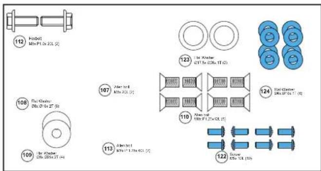 (12) Boltel Mks P1.0x 3CL (2) (108) Fiat Washer 00x 01x 02" (5) (109) Fiat Washer 00x 00x 01" (4) (107) Alert bell Mks P2L (2) (113) Alert bell Mks P1.1x 1.25x 6CL (2) (123) Fiat Washer 01T.5x 026x 1T (2) (110) Alert bell Mks P1.2x+1CL (5) (124) Fiat Washer 00x 07x 11" (4) (122) Screw Mks T4L (10)