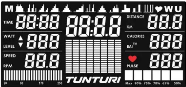 M TIME 88:88 WATT 88.0 LEVEL SPEED 88.0 RPM 20 90 170 250 TUNTURI DISTANCE 88.0 KM CALORIES 88.0 BAI™ 88.0 PULSE 88.0 Max 80% 75% 70% 65% 50%