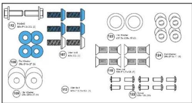 112 Prodbell Mbs P1.0x 2XL (2) 107 Alen load Mbs P2L (2) 108 Flat Washer 300x 01-04 x 2" (5) 109 Flat Washer 300x 200x 2T (4) 113 Alen load Mbs P1.1x 2XL (2) 123 Flat Washer (17.5x 226x 1T (2)) 124 Flat Washer 300x 07-11 (4) 110 Alen load Alen P1.2x 2XL (5) 122 Screwer 300x 14L (10)