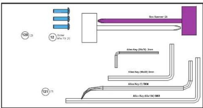 128 (2) 12 Screw Mts 704 (1) Box Spanner (2) Alten Key (20x70) 3mm Alten Key (50x20) 1mm Alten Key (1) DNM Alten Key (60x134) 5MM 121 (2)