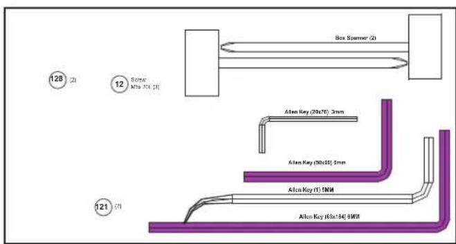Box Spanner (2) 128 (2) 12 Screw Mho Act (3) Alon Key (20x75): 3mm Alon Key (30x16): 4mm Alon Key (1): 5MM Alon Key (50x14): 4MM 121 (2)