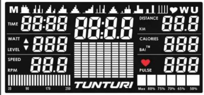 M TIME 88:00 88:0.0 WATT 88.0 LEVEL SPEED 88.0 RPM 20 90 170 250 TUNTURI DISTANCE 88.0 KM CALORIES 88.0 BAI™ 88.0 PULSE 88.0 Max 80% 75% 70% 65% 50%