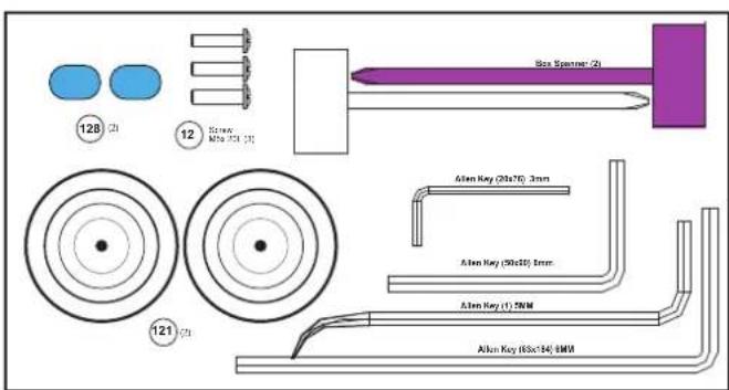 128 (2) 12 Screw Mio 201 (3) Box Spanner (2) 121 (2) Allen Key (20x76) 3mm Allen Key (50x10) 4mm Allen Key (1) 5MM Allen Key (60x14) 6MM