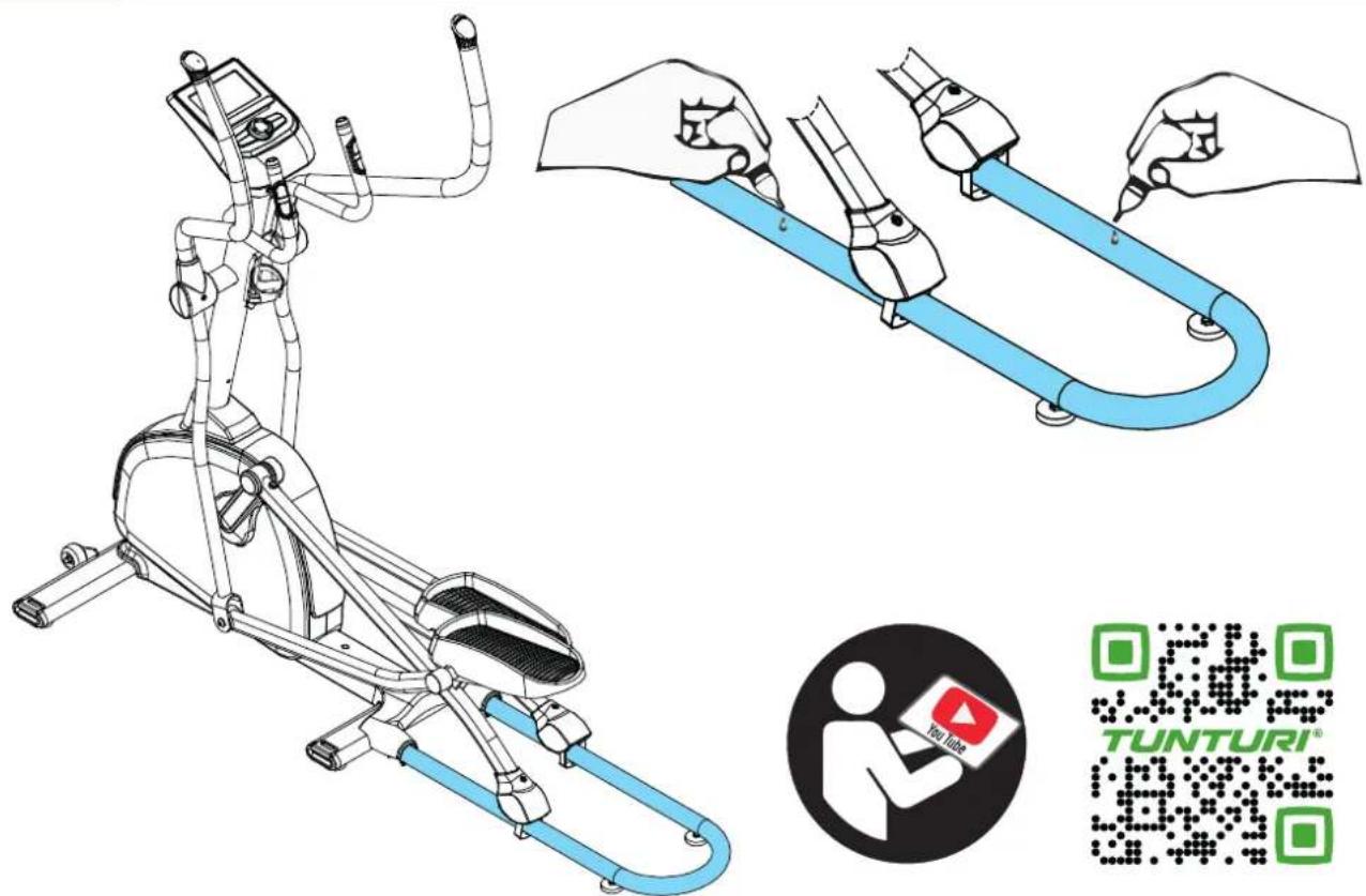 Illustration of a stationary exercise machine with hands performing maintenance, alongside a Tunturi logo and QR code.