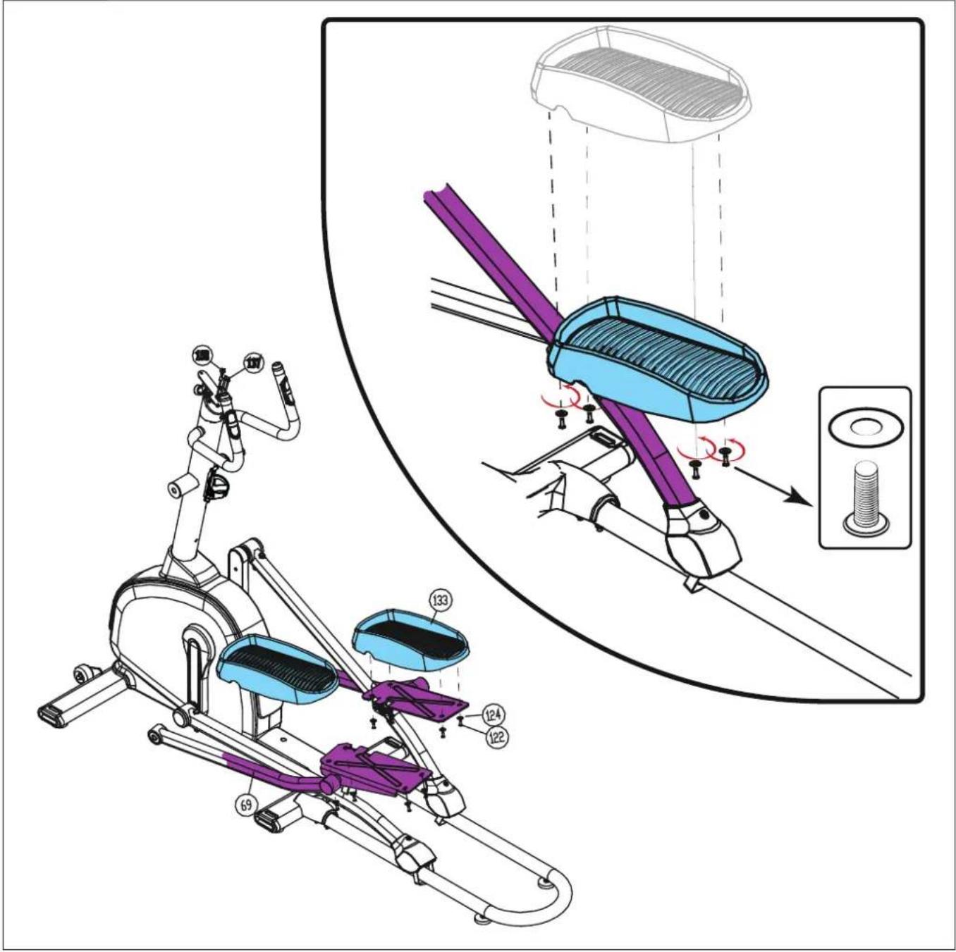 Technical diagram illustrating the internal components and motion of a stationary exercise machine, with numbered parts and motion indicators.