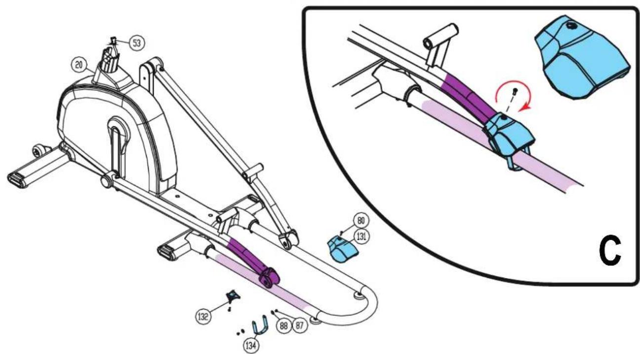 Technical diagram of a stationary exercise machine with labeled components and a close-up view showing the assembly process.